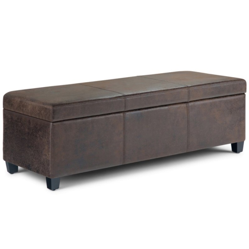 Simpli Home Avalon Faux Leather Storage Ottoman Bench in Brown