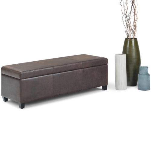 Simpli Home Avalon Faux Leather Storage Ottoman Bench in Brown