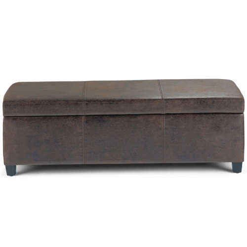 Simpli Home Avalon Faux Leather Storage Ottoman Bench in Brown