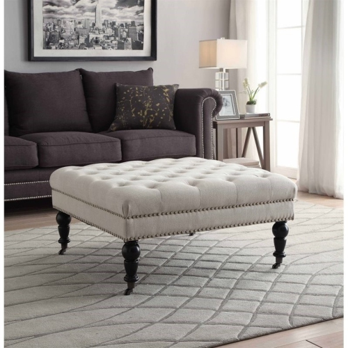 Linon Isabelle Square Wood Upholstered Ottoman in Natural Beige