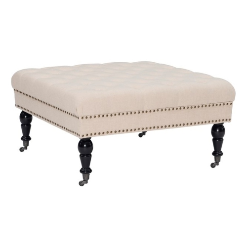Linon Isabelle Square Wood Upholstered Ottoman in Natural Beige