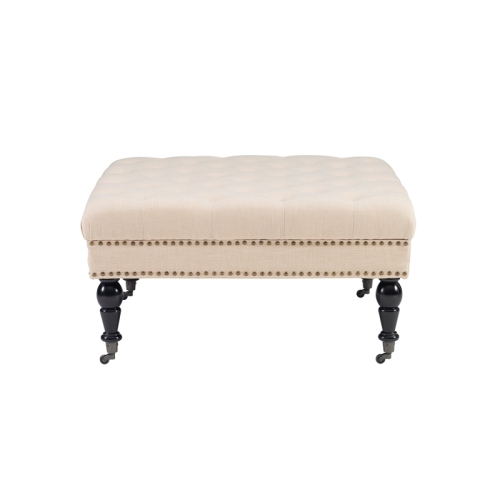 Linon Isabelle Square Wood Upholstered Ottoman in Natural Beige