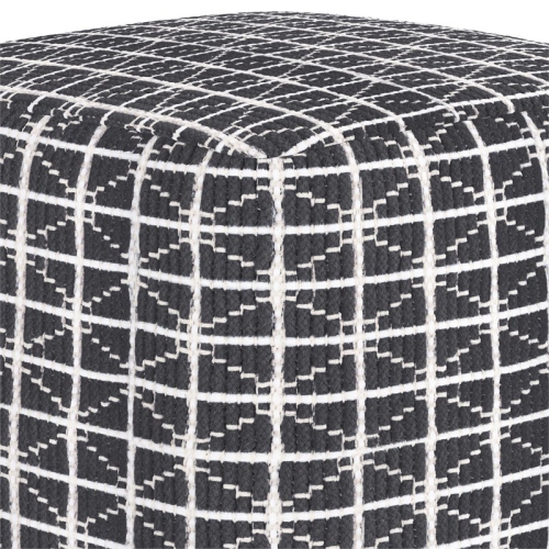 Simpli Home Noreen Boho Square Pouf in Slate Gray and White Handloom Woven Pattern