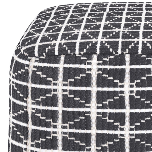 Simpli Home Noreen Boho Square Pouf in Slate Gray and White Handloom Woven Pattern