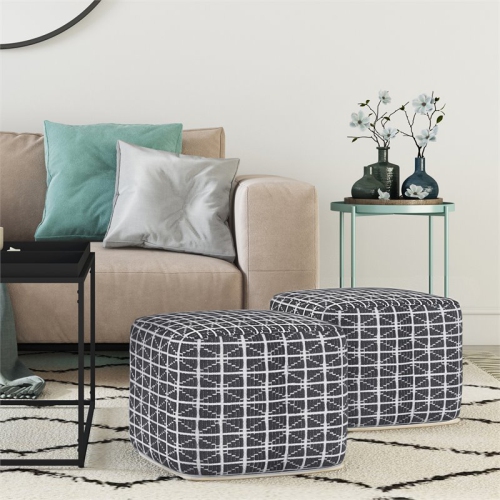 Simpli Home Noreen Boho Square Pouf in Slate Gray and White Handloom Woven Pattern