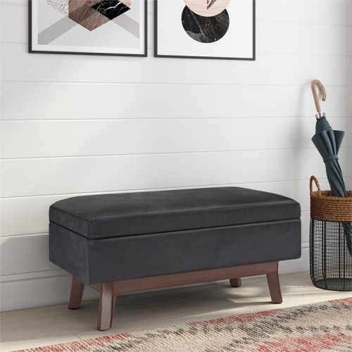 Simpli Home Owen 36" Faux Leather Storage Ottoman in Distressed Black