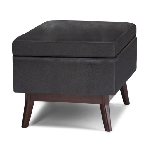 Simpli Home Owen 36" Faux Leather Storage Ottoman in Distressed Black