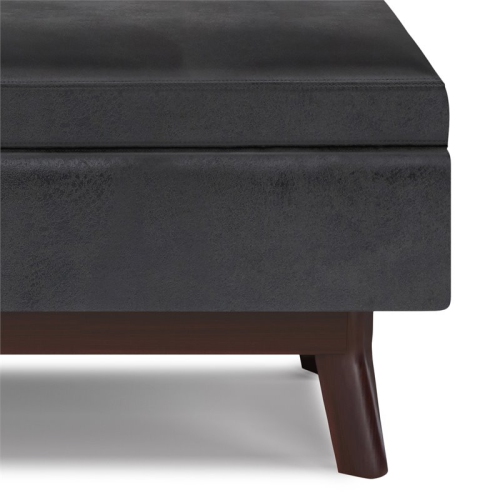 Simpli Home Owen 36" Faux Leather Storage Ottoman in Distressed Black
