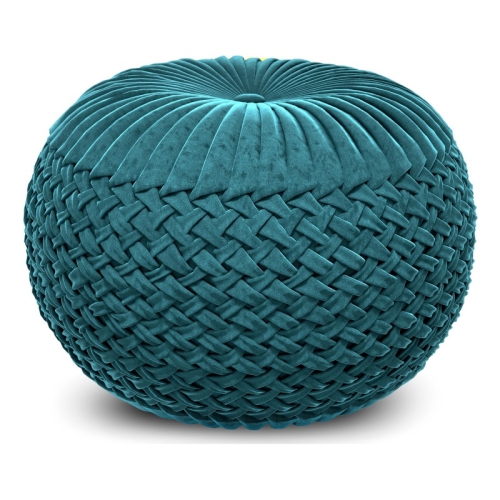 Grafton Transitional Round Pouf in Teal Green Velvet Fabric with Woven Details