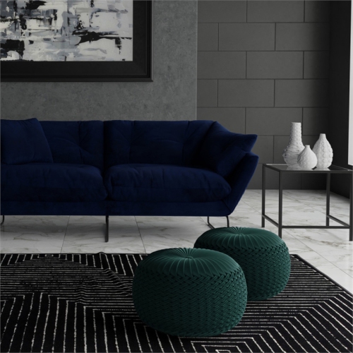 Grafton Transitional Round Pouf in Teal Green Velvet Fabric with Woven Details