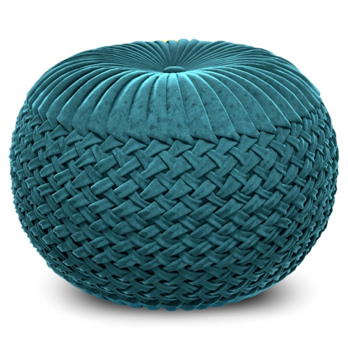 Grafton Transitional Round Pouf in Teal Green Velvet Fabric with Woven Details