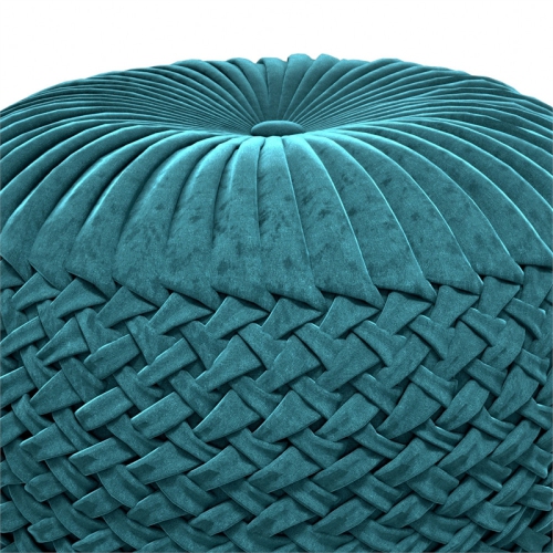 Grafton Transitional Round Pouf in Teal Green Velvet Fabric with Woven Details
