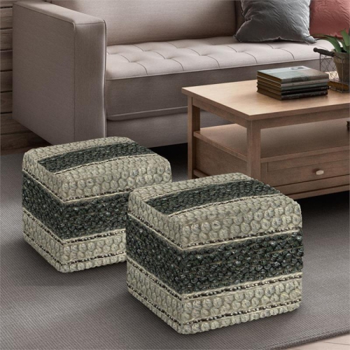 Grady Contemporary Square Pouf in Green and Natural Handloom Woven