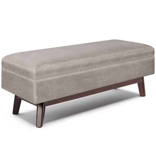 SIMPLI HOME  Owen 48" Faux Leather Storage Ottoman In Distressed Taupe In Gray I love the feel and look of the ottoman