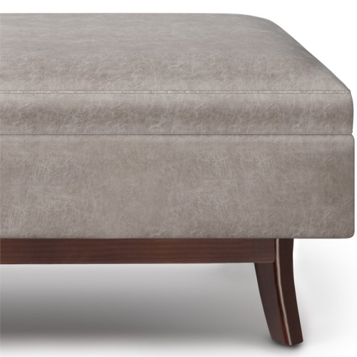Simpli Home Owen 48" Faux Leather Storage Ottoman in Distressed Gray Taupe