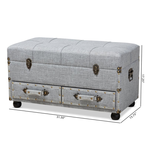 Bowery Hill Grey Upholstered 2-Drawer Storage Trunk Ottoman