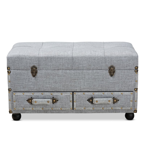 Bowery Hill Grey Upholstered 2-Drawer Storage Trunk Ottoman