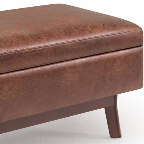 Simpli Home Owen 36" Faux Leather Mid Century Storage Ottoman in Saddle Brown
