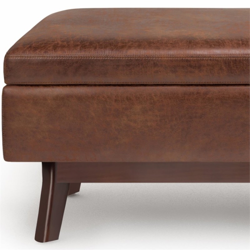 Simpli Home Owen 36" Faux Leather Mid Century Storage Ottoman in Saddle Brown
