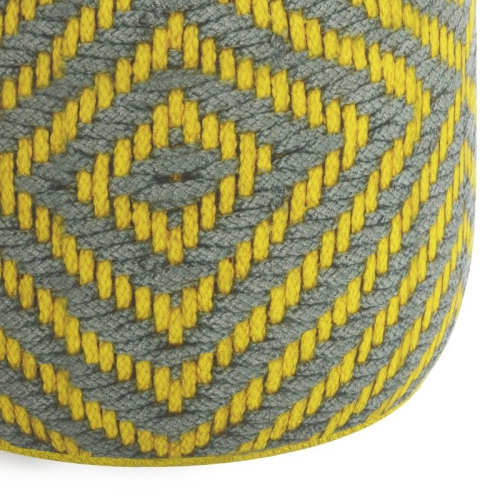 Simpli Home Kent Boho Round Woven Pouf in Gray and Yellow Recycled PET Polyester