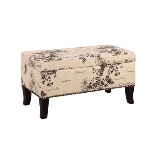 Linon Stephanie Botanical Wood Upholstered Storage Ottoman in Beige