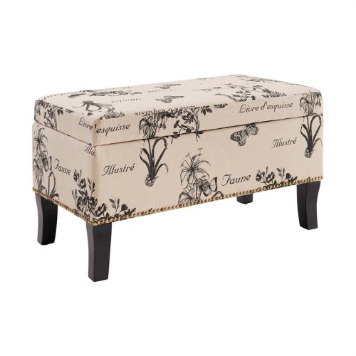 Linon Stephanie Botanical Wood Upholstered Storage Ottoman in Beige