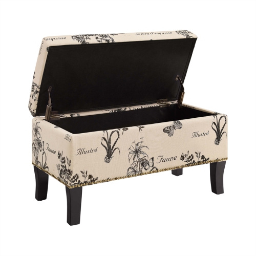 Linon Stephanie Botanical Wood Upholstered Storage Ottoman in Beige