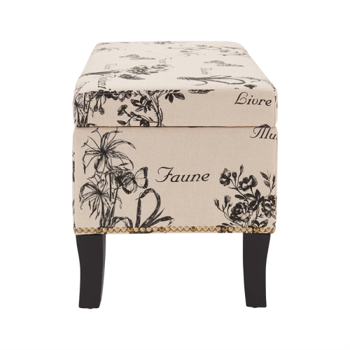 Linon Stephanie Botanical Wood Upholstered Storage Ottoman in Beige