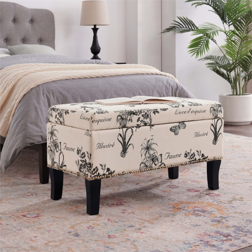 Linon Stephanie Botanical Wood Upholstered Storage Ottoman in Beige