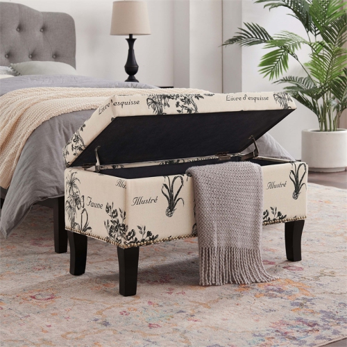 Linon Stephanie Botanical Wood Upholstered Storage Ottoman in Beige