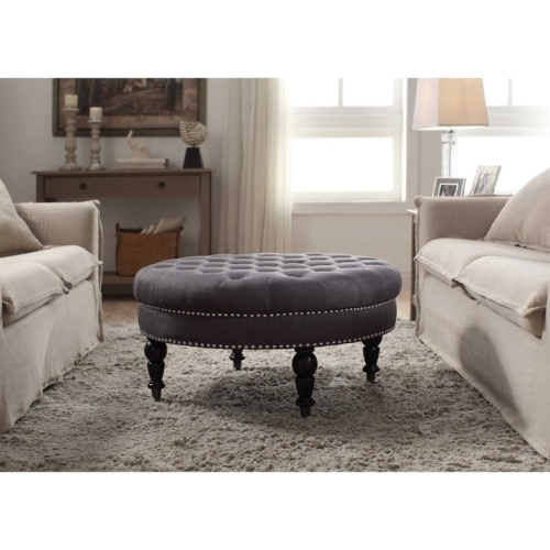 LINON  Isabelle Round Wood Upholstered Ottoman In Charcoal Gray