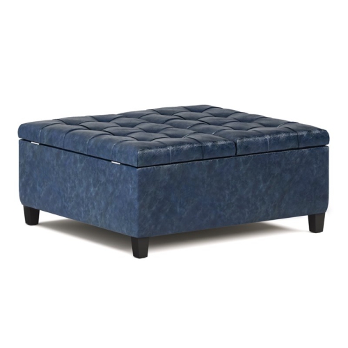 SIMPLI HOME  " Harrison 36"" Transitional Square Coffee Table Ottoman In Denim Faux Leather" In Blue I did add glider pads under each leg to make it easier to move / maneuver around my living room