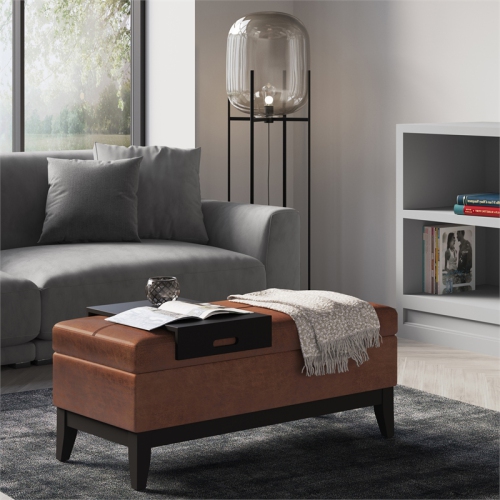 Oregon 42" W Storage Ottoman Bench in Distressed Saddle Brown Faux Leather