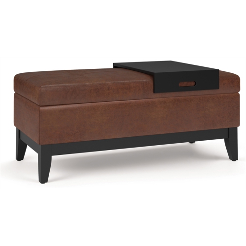Oregon 42" W Storage Ottoman Bench in Distressed Saddle Brown Faux Leather