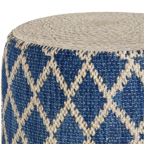 Simpli Home Edgeley Boho Round Pouf in Classic Blue and Natural Woven Braided Jute