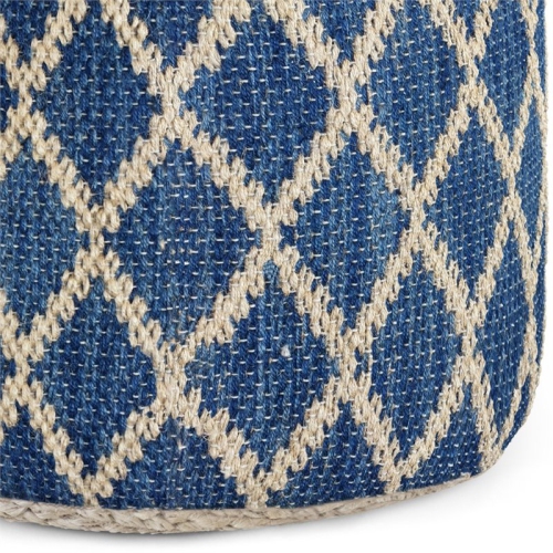 Simpli Home Edgeley Boho Round Pouf in Classic Blue and Natural Woven Braided Jute