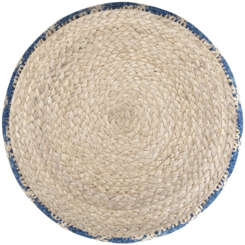 Simpli Home Edgeley Boho Round Pouf in Classic Blue and Natural Woven Braided Jute