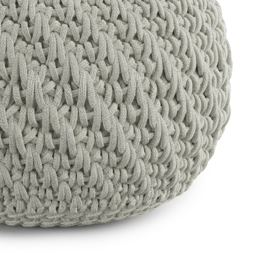 Simpli Home Nisi Boho Round Knitted Pouf in Light Gray Recycled PET Polyester