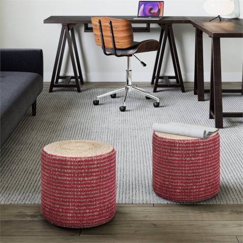 Simpli Home Larissa Boho Round Braided Pouf in Natural and Maroon Jute