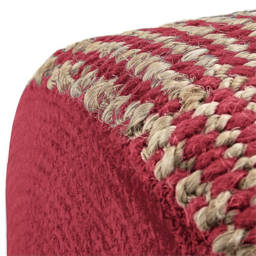 Simpli Home Larissa Boho Round Braided Pouf in Natural and Maroon Jute
