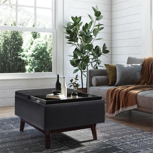 Owen 34 in. W Tray Top Coffee Table Ottoman in Distressed Black Faux Leather