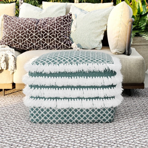 Simpli Home Leah Boho Square Woven Pouf in Turquoise and White