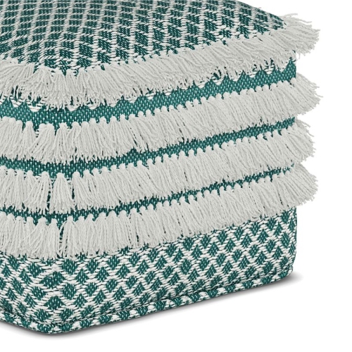 Simpli Home Leah Boho Square Woven Pouf in Turquoise and White