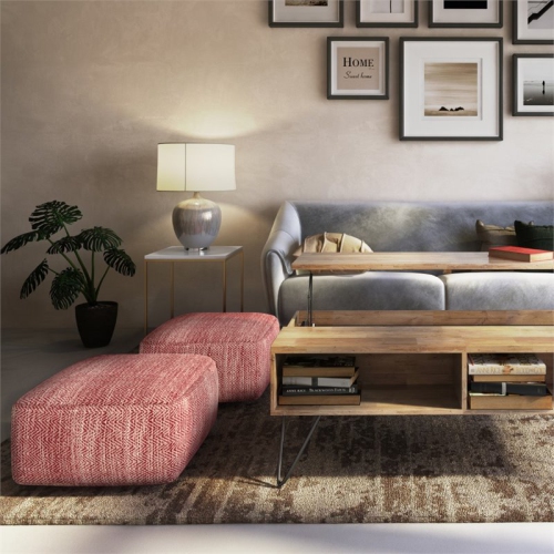 Simpli Home Nate Boho Square Pouf in Patterned Maroon Melange Cotton