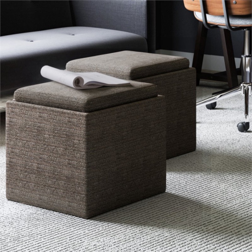 Simpli Home Rockwood Square Tweed Fabric Storage Ottoman With Tray in Mink Brown