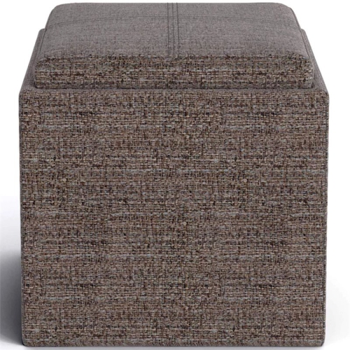 Simpli Home Rockwood Square Tweed Fabric Storage Ottoman With Tray in Mink Brown