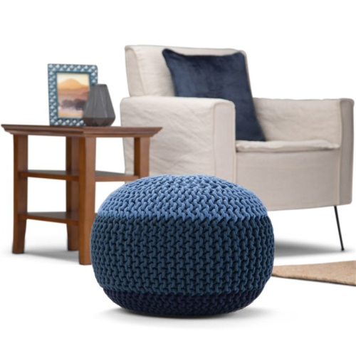 Simpli Home Nikki Boho Round Hand Knit Pouf in Blue and Navy Blue Cotton