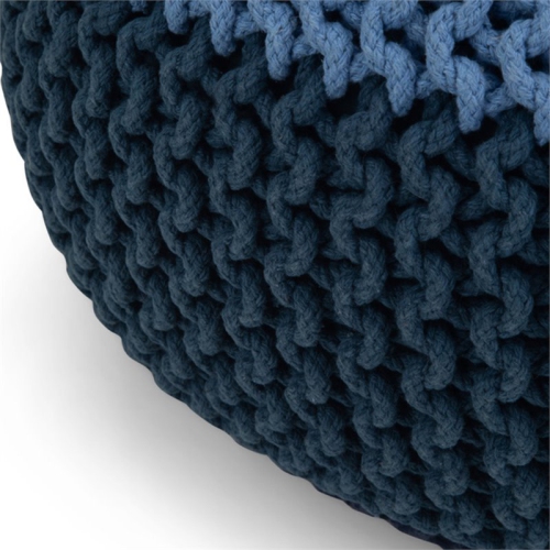 Simpli Home Nikki Boho Round Hand Knit Pouf in Blue and Navy Blue Cotton