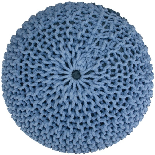 Simpli Home Nikki Boho Round Hand Knit Pouf in Blue and Navy Blue Cotton