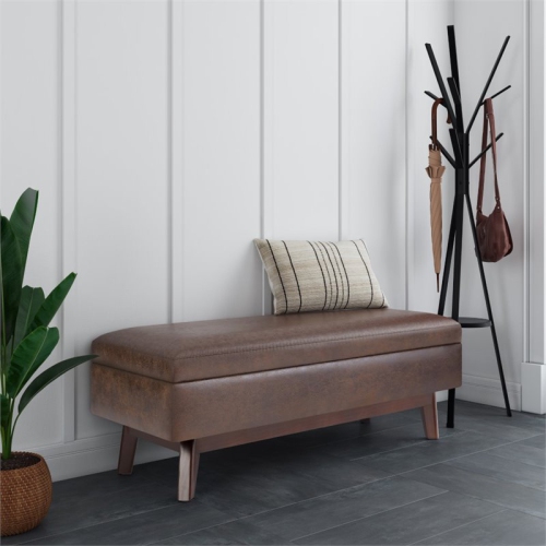 Simpli Home Owen 48" Faux Air Leather Storage Ottoman in Chestnut Brown